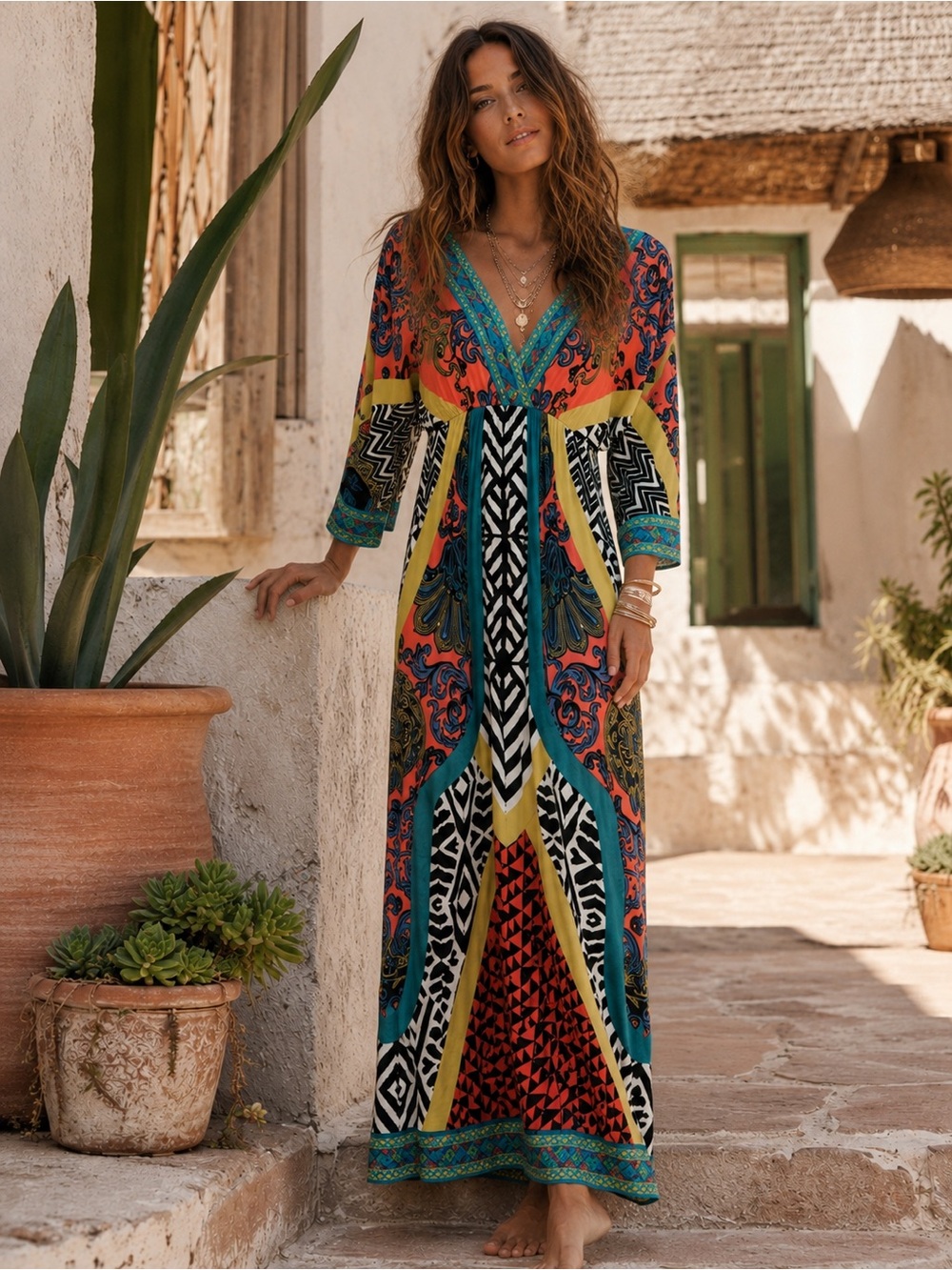 Flying Tomato Boho Patchwork Maxi Dress Small Geometric Festival Rayon Print - Picture 8 of 8